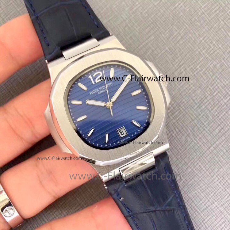 Buy Copy Patek Philippe Nautilus Blue Dial Leather Strap Watch